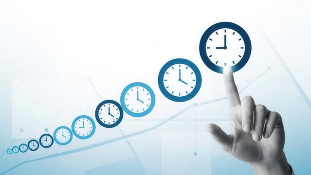 A human finger touching a growing sequence of blue clock arranged in an upward diagonal trend line on a light background