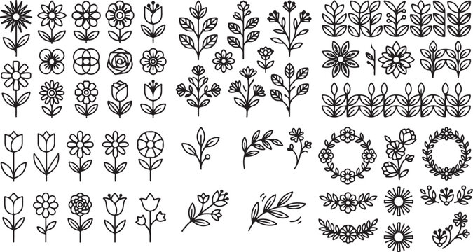 Minimalist Geometric Floral Line Icon Set; Black and White Monoline Botanical Elements Collection Featuring Simple Outline Flowers, Leaves, Branches, and Wreaths Isolated on White Background