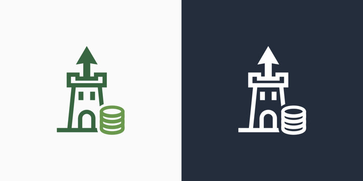 Vector logo design of stack of coins and castle with modern, simple, clean and abstract style.