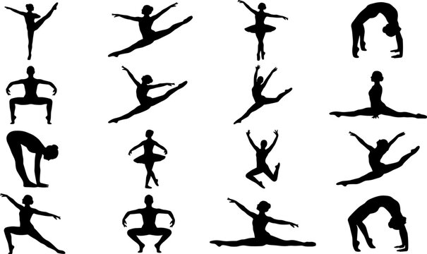 Silhouette collection of dancers and gymnasts in expressive poses including leaps, splits, arabesques, spins, backbends, and graceful movements
