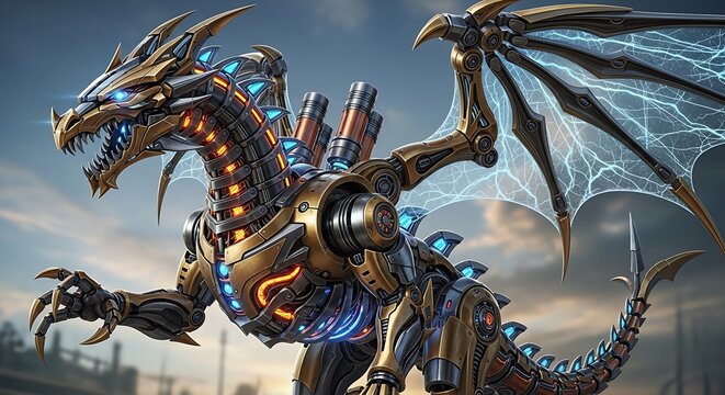 A large robotic dragon with glowing blue and orange lights on its body stands proudly