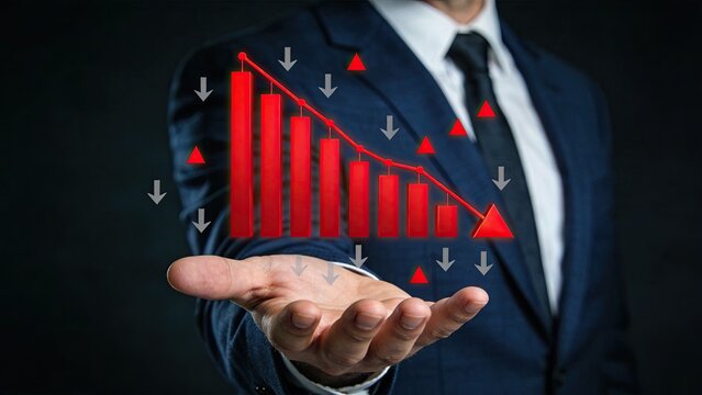 Businessman holding a holographic declining bar chart with red arrows pointing down, symbolizing financial loss, stock market crash, economic recession, and negative business