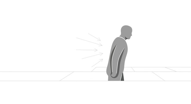 Gray, vector illustration of a man with back pain, bending, discomfort