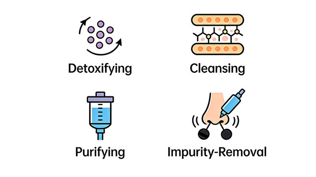Presenting detoxification, cleansing, purification, and impurity removal icons, representing the concept of deep cleansing skincare products to remove pore dirt and purify the skin.
