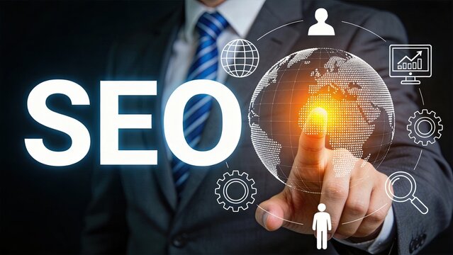 SEO search engine optimization strategy concept with businessman touching global earth hologram, digital marketing growth, internet ranking improvement, web analytics and online