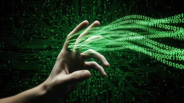 A human hand reaching out to touch a flowing stream of glowing green binary code against a dark digital circuit board background