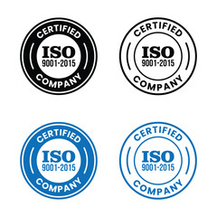 Obraz premium iso 9001 2015 certified company seals black and blue circular emblems on white background