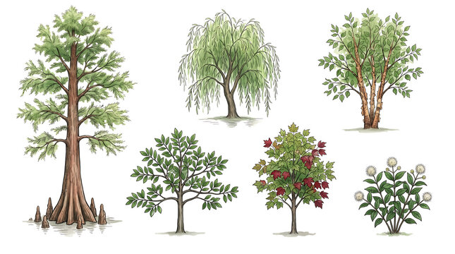  Watercolor Ink Hybrid Collection of Wetland and Waterside Trees on White Background