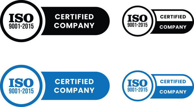 iso 9001 2015 certified company badges in black and blue on white background