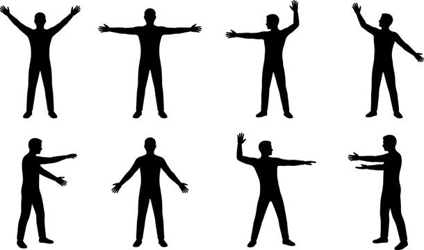 Male silhouettes set with open arms gestures, welcoming poses, communication body language and expressive human interaction isolated on white background