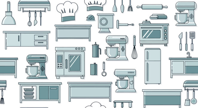 Seamless pattern of kitchen appliances and tools