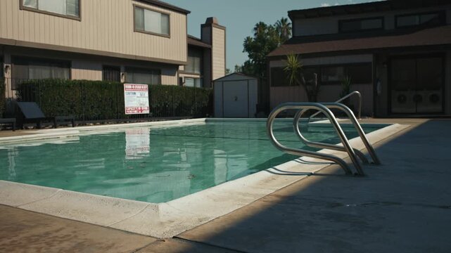 Corner view of empty pool with clean water, metal rails and sign reflection, apartment complex and laundry room in background