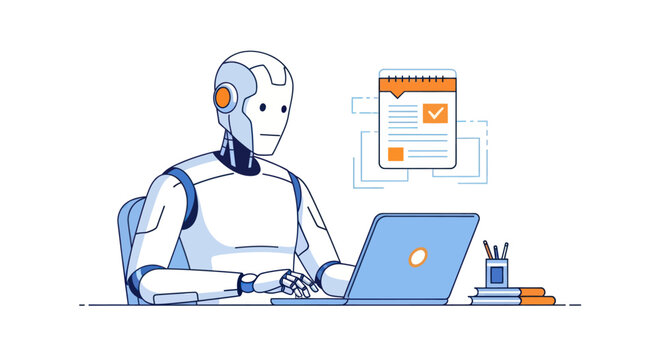 AI robot assistant working on a laptop computer with a checklist for automated task management.