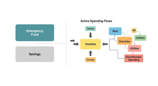 Financial planning flowchart, income management, expense tracking, budgeting vector