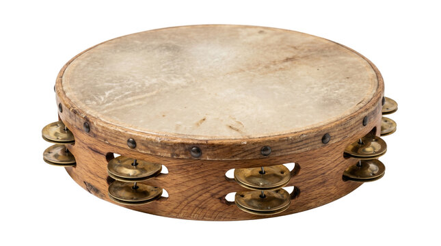 Vintage wooden tambourine with brass jingles, antique percussion musical instrument, rustic hand drum with leather head isolated on white