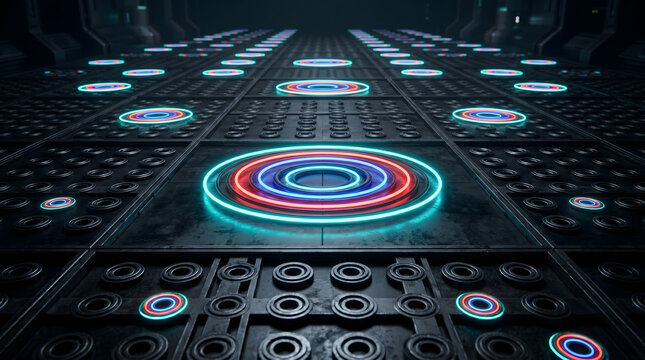 3D render of glowing circular floor pattern with neon light effects