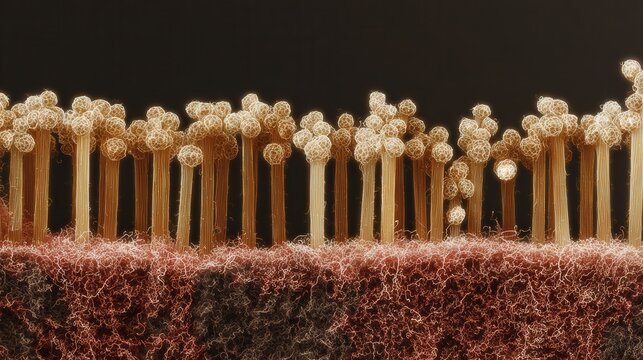 Sideview microneedle patch on textured substrate showing golden stalks with rounded tips, realistic backing contact suggests adhesive or skinmimic interface, intended for vaccine or therapeutic