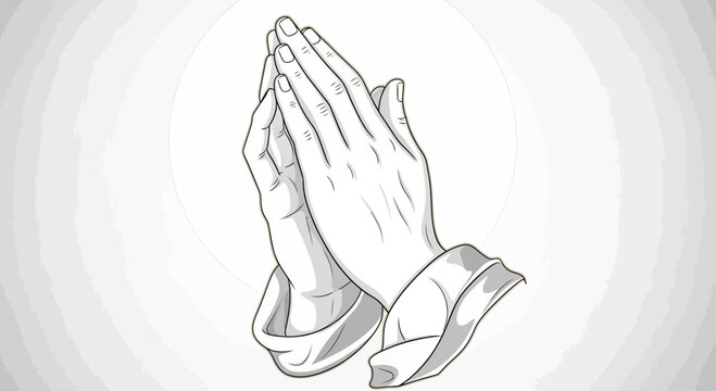 Hands in prayer position with elegant illustration on gradient background