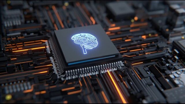Microchip with brain symbol on circuit.