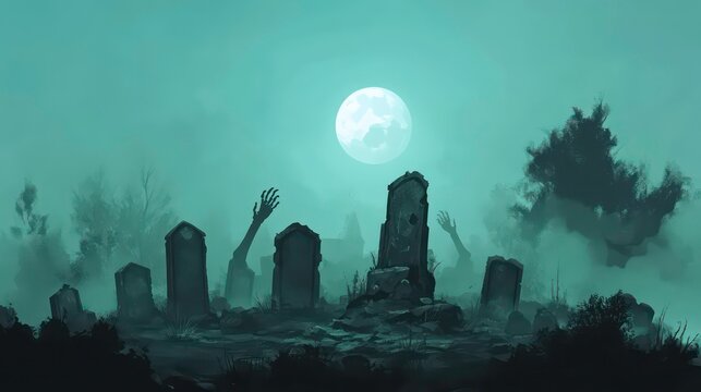 A spooky graveyard scene with tombstones, hands rising from the ground, and a full moon in the sky.