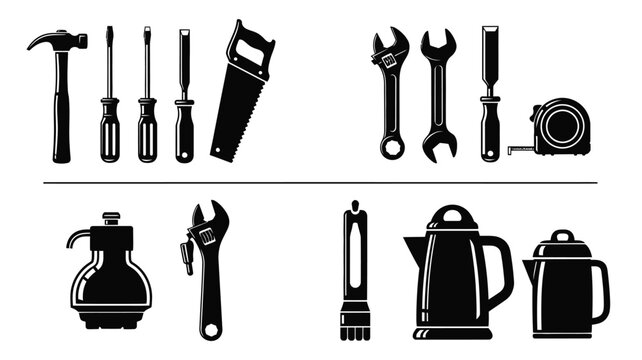 Collection of tools and household objects silhouette