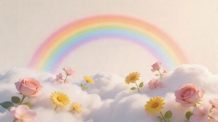 Fototapeta premium Rainbow in sky with flowers on clouds