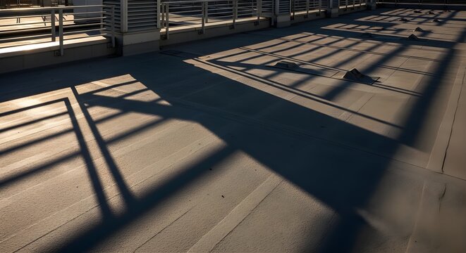 sunlight casting long shadows on modern wooden deck with metal railing