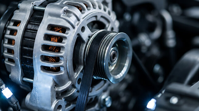 Modern car alternator with copper windings and drive belt installed in an engine compartment for power generation