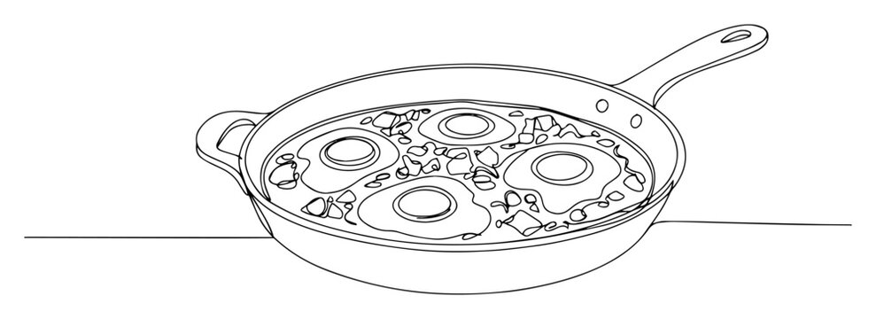 frying pan with eggs line icon - minimalist vector illustration