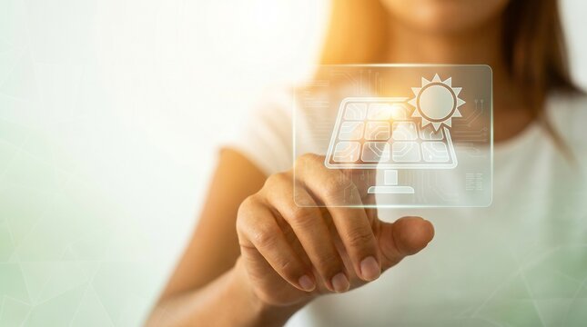 Diverse Female Hand Touching Solar Energy Digital Interface