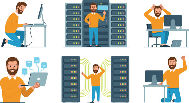 IT Engineer and System Administrator Character Set Working in Data Center Room Fixing Server Racks and Computing Infrastructure for Tech Business Designs