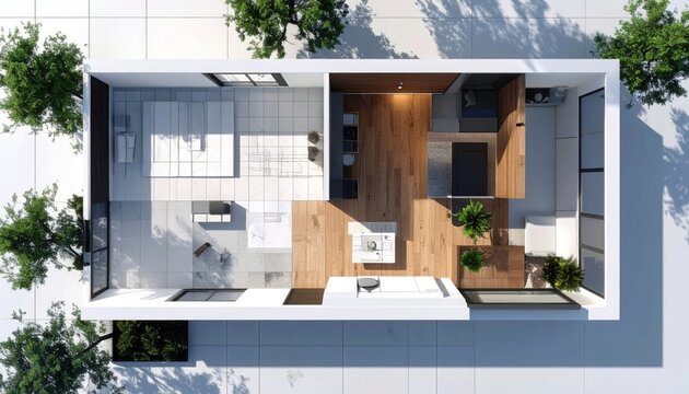 Aerial view of minimalist house layout featuring white tiles and wooden flooring surrounded by outdoor trees
