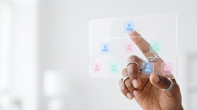 Diverse Hand Touching Digital Organizational Chart Interface