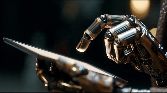 Robot hand holding a tablet device.