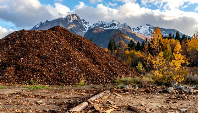 Large pile of wood chips mountains.