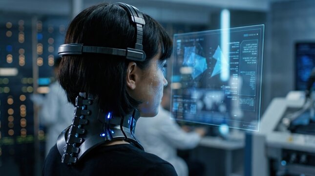 A professional woman wearing a futuristic cybernetic neck brace and headset analyzes data on a holographic interface in a high-tech laboratory.