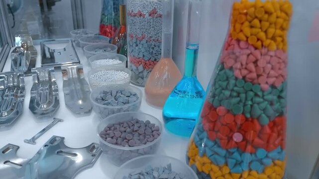 Samples of abrasive elements for vibratory finishing equipment and metal parts before and after the processing operation are presented at the exhibition. Closeup. Shot in motion