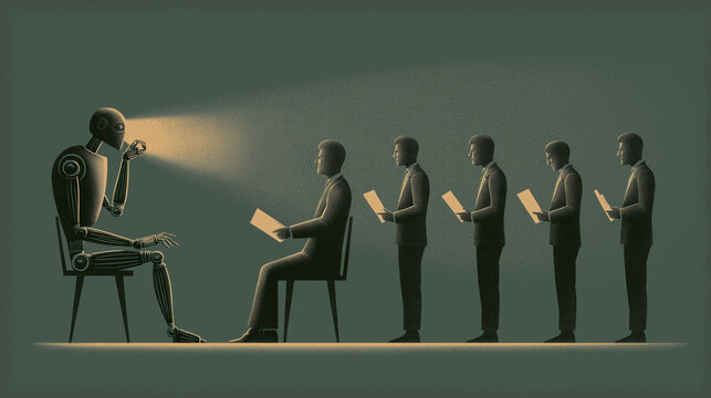 Robot Job Interview: A surreal scene depicting a robot interviewing a line of identical men holding papers, evoking themes of automation, conformity, and the future of work.