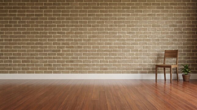 m Rustic brick wall interior background, empty room with hardwood floor and wooden chair, minimalist home studio space with natural lighting