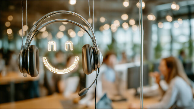 Smiling Headset and Blurred Office: A close-up of a headset forming a smiley face with its wires against a blurred background of a modern office environment with employees working.
