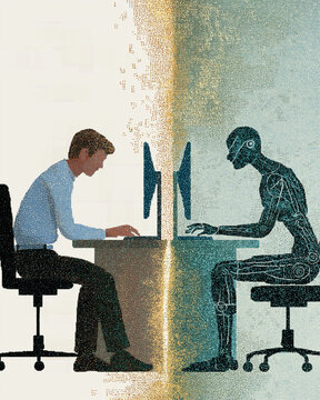 Human vs. AI Collaboration: A stylized illustration depicts a human worker and an AI robot side-by-side, both engrossed in work on their computers.