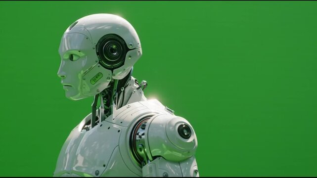 Robot with green background turning around.
