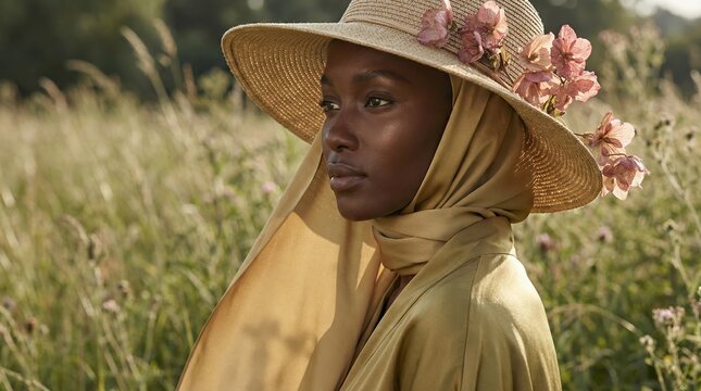 Beautiful young Black woman wearing a stylish hijab and floral straw hat in a sunny meadow.