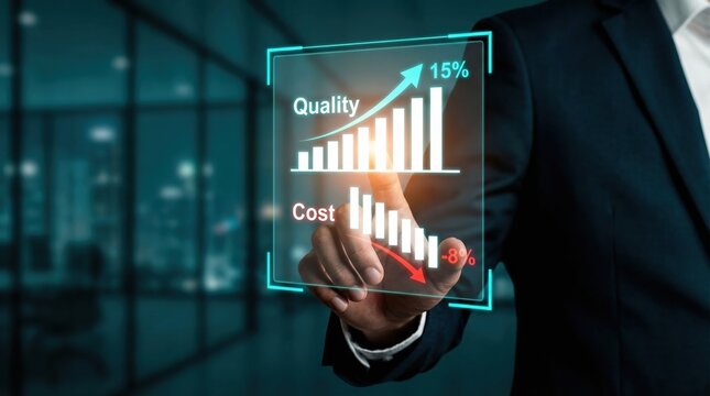 Businessman analyzing digital dashboard showing quality improvement and cost reduction for business optimization.