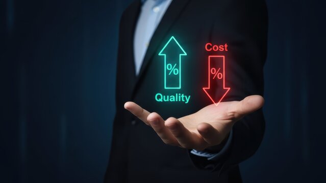 Businessman holding a virtual graphic showing increasing quality and decreasing costs for business efficiency and optimization.