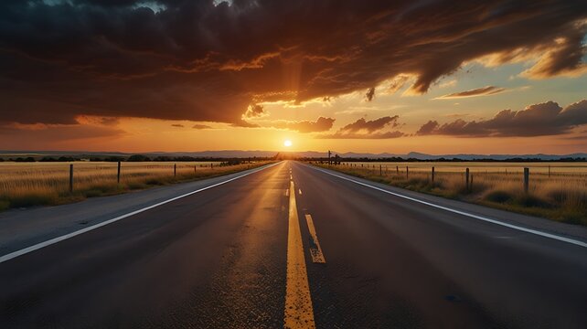 Hyper Detailed HDR Road Leading Into a Massive Glowing Sunrise Horizon