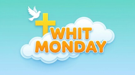Whit Monday religious celebration banner, Christian holiday greeting with cross and dove, Pentecost Monday spiritual background with clouds