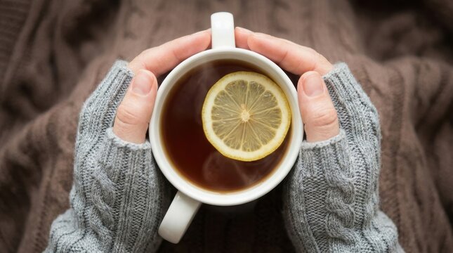 Cozy winter tea mug held in hands, warm beverage with lemon slice, person wearing grey knitted sweater and brown wool blanket