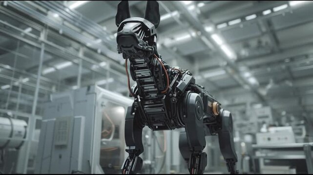 Robotic dog in industrial setting.