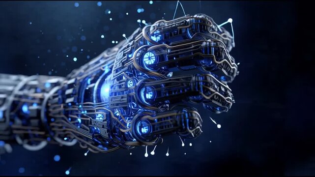 Robotic hand with blue circuits technology.